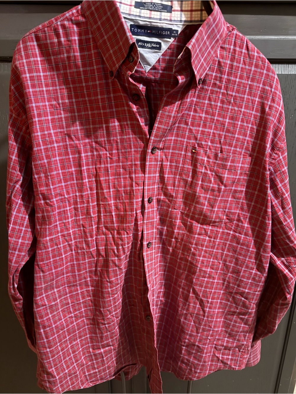 Tommy Hilfiger Red Plaid Button-Down Shirt with Chest Pocket